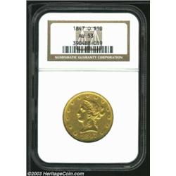 1847-O $10 AU53 NGC. The recessed areas of the devices reveal glimmering luster. A good strike and a