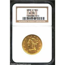 1858-S $10 AU58 NGC. Only 11,800 examples were struck of the 1858-S Ten Dollar. It is even scarcer t