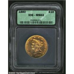 1880 $10 MS63 ICG. Sharply impressed with vibrant mint luster, this rose-gold example reveals the ex