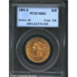 1881-S $10 MS62 PCGS. A boldly struck Eagle with good luster and moderately abraded fields. A diffic