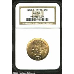 1908-D $10 Motto AU58 NGC. Predominantly yellow-gold in sheen, the partially lustrous surfaces revea
