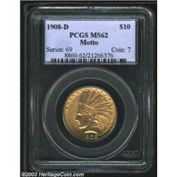 1908-D $10 Motto MS62 PCGS. Satiny and appealing, with yellow-orange and pink-gold colors, there are