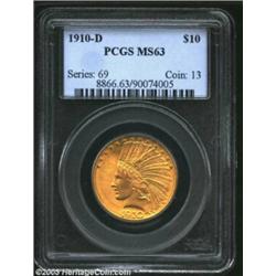 1910-D $10 MS63 PCGS. A lustrous and sharply struck example that has an exceptionally clean obverse.