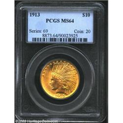 1913 $10 MS64 PCGS. Satiny luster with a bold strike and great eye appeal. Pink-gold at the centers,