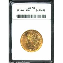1916-S $10 AU58 ANACS. Bright and highly lustrous, this AU example has the appearance of a Mint Stat