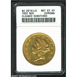 1850 $20--Cleaned, Scratched--ANACS. AU Details, Net XF45. A hairlined piece that has a diagonal scr
