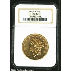1857-S $20 AU53 NGC. Bright green-gold surfaces show a few marks, but no substantial imperfections..