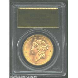 1857-S $20 Spiked Shield MS64 PCGS. Ex: S.S. Central America. 20A. The otherwise reddish-gold color.
