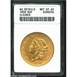 1858 $20--Cleaned--ANACS. AU Details, Net XF40. Boldly defined but hairlined. The obverse has a coup