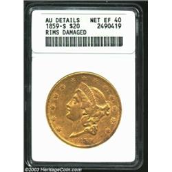 1859-S $20--Rims Damaged--ANACS. AU Details, Net XF40. Richly detailed, and luster outlines the star