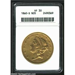 1860-S $20 VF30 ANACS. This example has good remaining design detail, with LIBERTY clear and the pro
