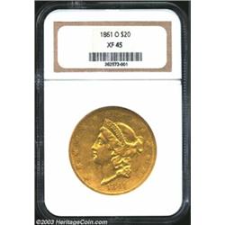 1861-O $20 XF45 NGC. With links to the Southern Confederacy, the 1861-O is an immensely popular Libe