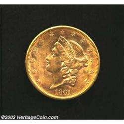 1861-S $20 AU58 Uncertified. The otherwise golden-rose color deepens to reddish-gold hues over much.