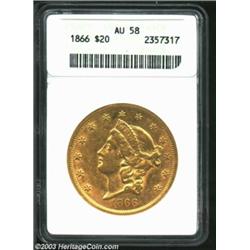 1866 $20 AU58 ANACS. The 1866 is a sought-after first year of issue for the With Motto design, and i