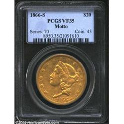 1866-S $20 Motto VF35 PCGS. Originally preserved, the honey-gold surfaces reveal more vivid orange-g