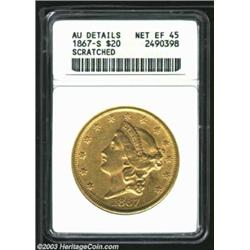 1867-S $20--Scratched--ANACS. AU Details, Net XF45. The lower right obverse field has several faint.