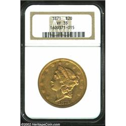 1871 $20 VF35 NGC. The otherwise medium intensity orange-gold surfaces reveal splashes of copper-red