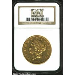 1884-CC $20 XF40 NGC. With partial mint luster and an original green-gold appearance, this lightly w