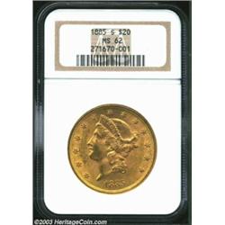 1885-S $20 MS62 NGC. The creamy surfaces are even in color and display no singularly notable abrasio
