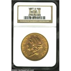 1887-S $20 MS61 NGC. The otherwise orange-gold surfaces reveal a tinge of reddish-gold color at sele