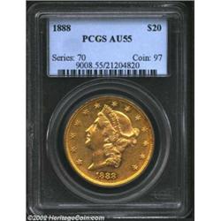 1888 $20 AU55 PCGS. This appreciably prooflike representative exhibits evenly distributed golden-ros