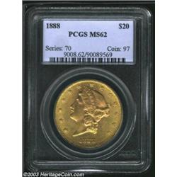 1888 $20 MS62 PCGS. Pink-gold and green-gold colors intermingle on the still-lustrous surfaces of th
