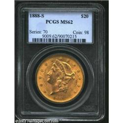1888-S $20 MS62 PCGS. Suitably lustrous for the assigned grade, the orange-gold and golden-rose surf