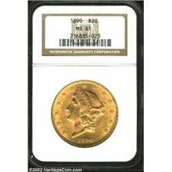 1890 $20 MS61 NGC. Boldly, if not sharply struck, the features are orange-gold in color with plenty.