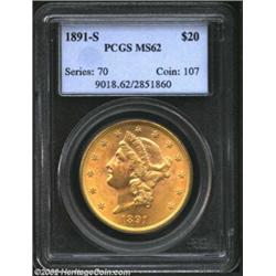 1891-S $20 MS62 PCGS. Medium intensity golden color envelops the boldly, if not sharp detailed featu