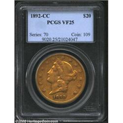1892-CC $20 VF25 PCGS. We have no doubt that this coin is 100% original. Both sides are richly color