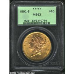 1892-S $20 MS63 PCGS. Sharply struck with good luster, the grade is accounted for by a few small abr