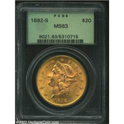 1892-S $20 MS63 PCGS. Lustrous and well struck with a couple of small luster scrapes in the center o