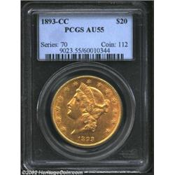 1893-CC $20 AU55 PCGS. A survivor of the final CC-mint Double Eagle in U.S. coinage history, both si