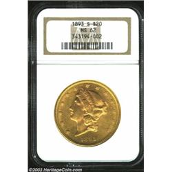 1893-S $20 MS62 NGC. The surfaces, while mildly abraded, are covered with a thick and very pleasing.