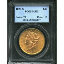 1893-S $20 MS63 PCGS. Finer than the typically offered Mint State survivor of this issue, both sides