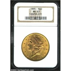 1895 $20 MS63 NGC. Sharply struck and carefully preserved, with luscious yellow-gold and pink-gold c