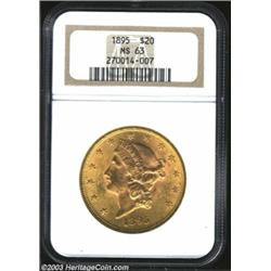1895 $20 MS63 NGC. Pink-gold centers and green-gold peripheries lend considerable eye appeal to this