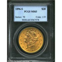1896-S $20 MS63 PCGS. Clean and creamy, with a bold strike, ample luster, and even coloration. This.