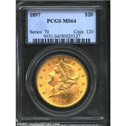 1897 $20 MS64 PCGS. Minimally abraded, far less than is normally seen on the issue, with soft, frost
