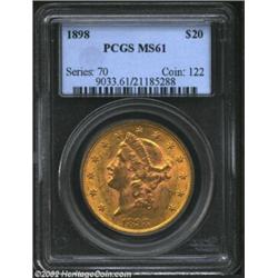 1898 $20 MS61 PCGS. Orange-gold and green-gold colors compete for dominance as the surfaces rotate u