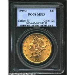 1899-S $20 MS63 PCGS. Well struck and highly lustrous, the radiant surfaces are yellow, pink, and gr