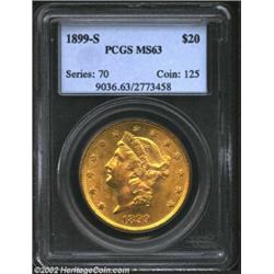 1899-S $20 MS63 PCGS. Attractive and vibrant, the lustrous features are sharply struck throughout. T