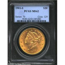1901-S $20 MS62 PCGS. This golden-rose example is lustrous with a frosty texture. Scattered light an