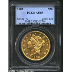 1902 $20 AU55 PCGS. A minimally worn survivor of this low mintage (31,254 pieces) 20th century Doubl