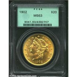 1902 $20 MS63 PCGS. Although not widely recognized as such, the 1902 is the lowest mintage (31,254 p