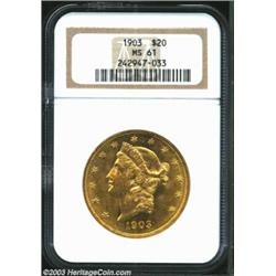 1903 $20 MS61 NGC. Radiant lemon-gold patina and flashy semi-prooflike fields increase the charm of.