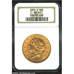 1903-S $20 MS63 NGC. Reddish-gold in sheen, the satiny surfaces are free of all but a few scattered.