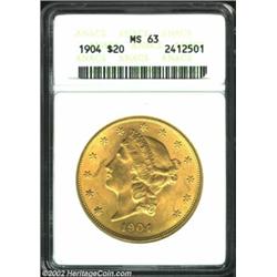 1904 $20 MS63 ANACS. Both the obverse and the reverse are uncommonly abrasion-free for the assigned.