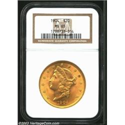 1904 $20 MS65 NGC. This Gem quality type candidate displays flowing mint luster and gorgeous reddish