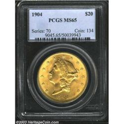 1904 $20 MS65 PCGS. No other issue in the Liberty Double Eagle series is as numerous today as the 19